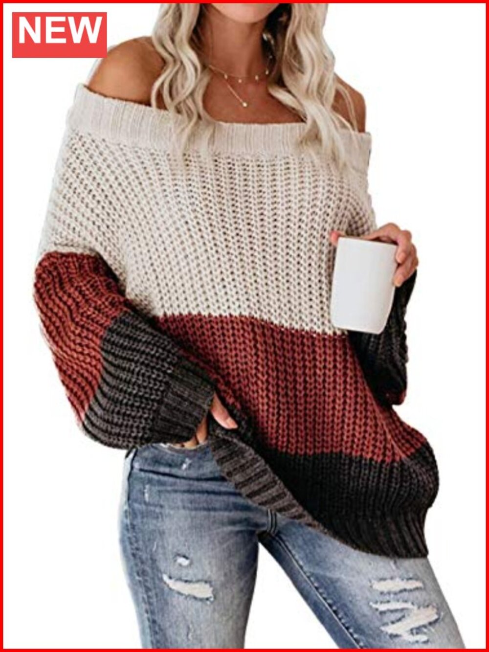 Womens Off Shoulder Color Block Sweater Oversized Chunky Knit Pullover